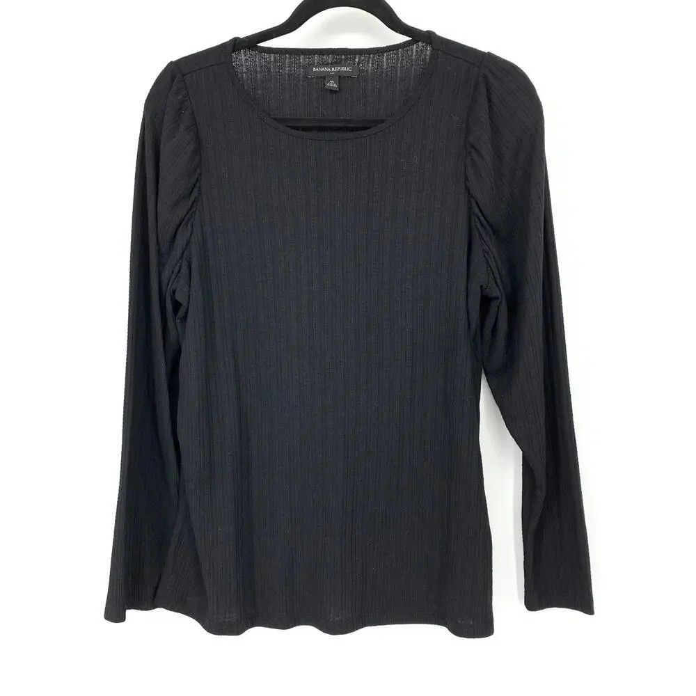 Banana Republic Ribbed Knit Long Sleeve Puff Sleeve Top Womens Sz Medium Black